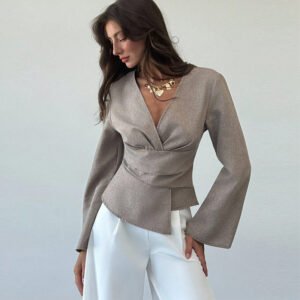Elegant Grey V-Neck Wrap Top Slim Fit Flare Sleeve Blouse