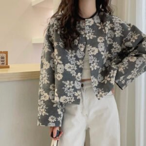 Vintage Floral Woolen Short Jacket French Style Elegant Autumn Coat
