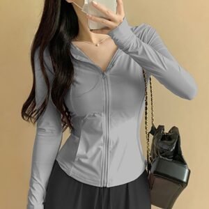 Slim Fit Grey Zip-Up Yoga Jacket Long Sleeve Sports Hoodie