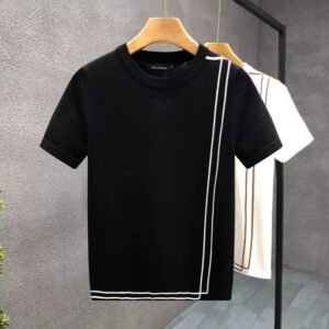 Men's Luxury Knit T-Shirt Slim Fit Contrast Stripe Short Sleeve