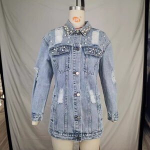 Vintage Pearl Beaded Distressed Denim Jacket with Ripped Details