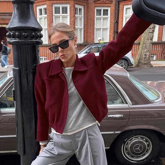 Vintage Burgundy Woolen Zip-Up Jacket Chic Short Autumn Coat - Image 3