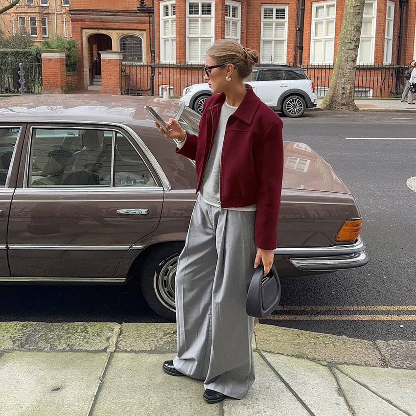 Vintage Burgundy Woolen Zip-Up Jacket Chic Short Autumn Coat - Image 2