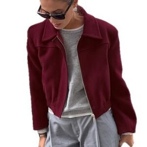 Vintage Burgundy Woolen Zip-Up Jacket Chic Short Autumn Coat